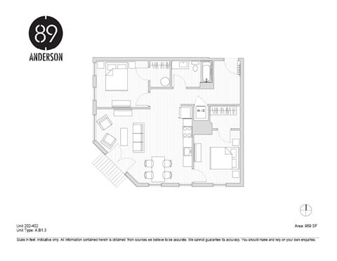 Floor plan for 2 beds, 1 bath, 959 sqft